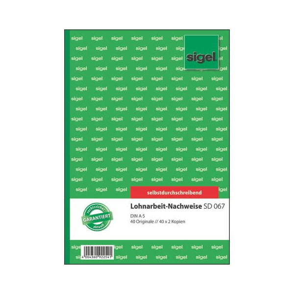 15 Stück Sigel Lohnarbeitsnachweise SD067, A5, 3x 40 Blatt 4004360922541 Sigel