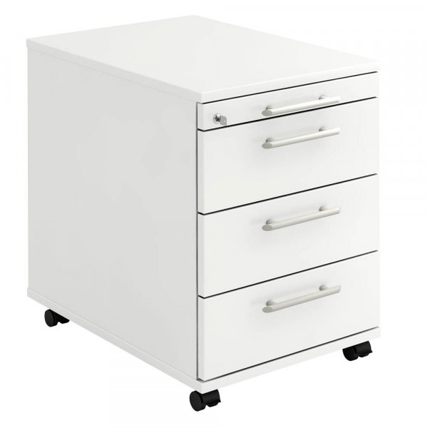 4032062121115 - Rollcontainer Solid VAC30 W W RE Holz weiß 3 normale Schubladen mit extra Utensilienauszug abschließbar 4032062121115 Hammerb