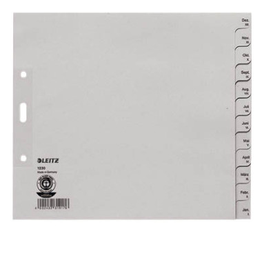Kartonregister 1230-30-85, Dez bis Jan, A4+ halbe H&ouml;he, 100 g/m&sup2;, graue Taben, 12-teilig