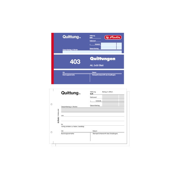 4008110886619 - herlitz Kassenformulare Quittung mit MwSt separat ausgewiesen 886614 DIN A6 quer 2x 50 Seiten
