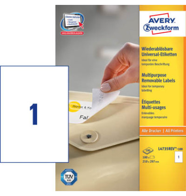Etiketten L4735REV-100, weiß 210x297mm, rechteckig, Etiketten L4735REV-100, weiß 210x297mm, rechteckig,