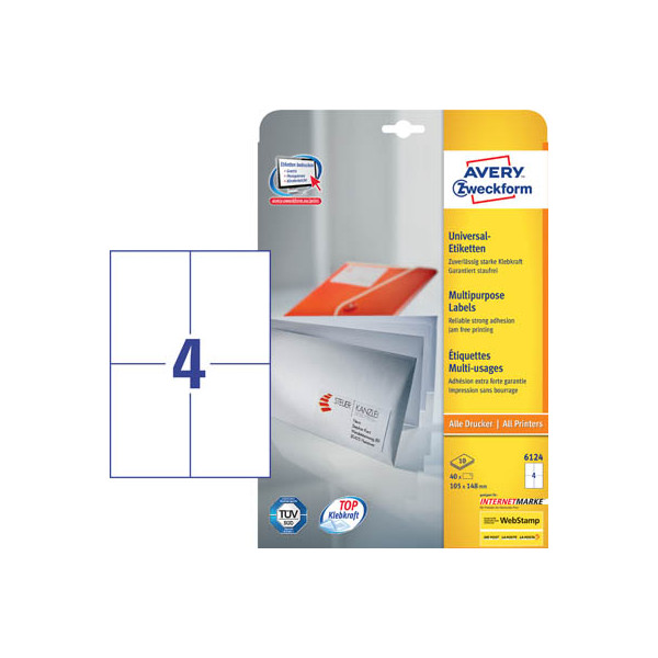 4004182061244 - AVERY Zweckform ultragrip Mehrzwecketiketten 6124 Selbsthaftend DIN A4 Weiß 105 x 148 mm 10 Blatt à 4 Etiketten