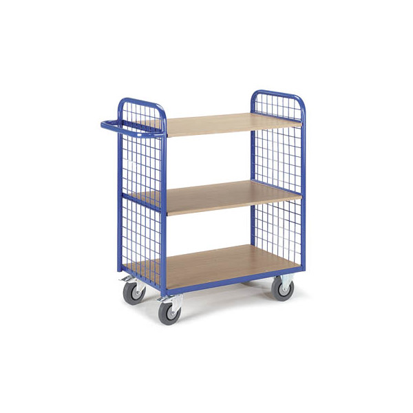 4250448502086 - Rollcart Etagenwagen mit 2 Gitterwänden 1070mm hoch und 3 Ladeflächen 800x500mm im Buchendekor ohne Rand 4250448502086 - Rollcart Etagenwagen mit 2 Gitterwänden 1070mm hoch und 3 Ladeflächen 800x500mm im Buchendekor ohne Rand