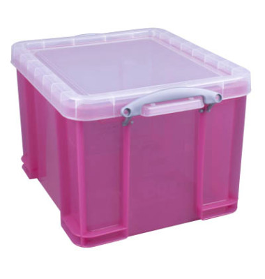 Aufbewahrungsbox 35TBPKCB, 35 Liter mit Deckel, für A4 Ordner, Hängemappen, außen 480x390x310mm, Kunststoff pink/transparent