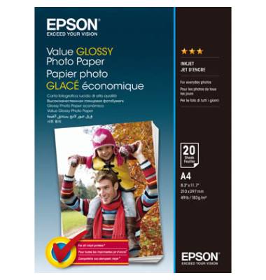 Fotopapier Value Glossy S400035, A4, für Inkjet, 183g weiß hochglänzend einseitig bedruckbar