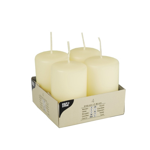 4002911153611 - Ivory Stumpenkerzen 1 Packung = 4 Stück Farbe elfenbein Ø 50 mm Höhe 80 mm Brenndauer ca 9 Stunden 4002911153611 - Ivory Stumpenkerzen 1 Packung = 4 Stück Farbe elfenbein Ø 50 mm Höhe 80 mm Brenndauer ca 9 Stunden