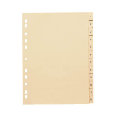 Kartonregister 084-0464-010-81, 1 bis 12, A4, 110 g/m², chamois Taben, 12-teilig