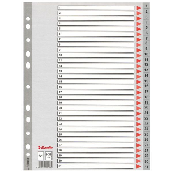 10 Stück Esselte Kunststoffregister 100108, 1 bis 31, A4, 120µm, graue Taben, 31-teilig 5902812001082 Esselte