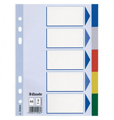 Kunststoffregister 15264, 5-teilig blanko, A5, 120µm, farbige Taben, 5-teilig