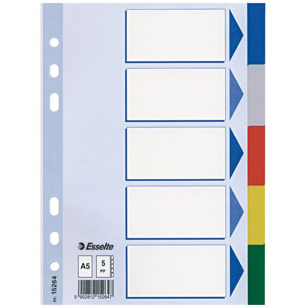 20 Stück Esselte Kunststoffregister 15264, 5-teilig blanko, A5, 120µm, farbige Taben, 5-teilig 5902812152647 Esselte