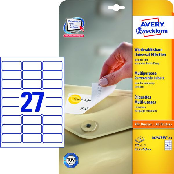 4004182433164 - AVERY Zweckform Ablösbare Universaletiketten L4737REV-10 Selbsthaftend DIN A4 Weiß 635 x 327 x 296 cm 10 Blatt à 27 Etiketten