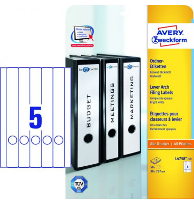 R&uuml;ckenschilder ultragrip L4758-10, wei&szlig;, schmal/lang, 38x297mm, selbstklebend, permanent 