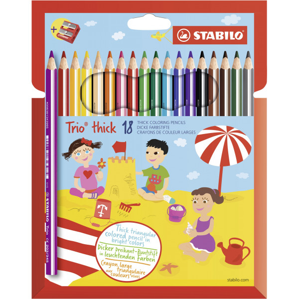 Stabilo Buntstifte-Set Trio thick mit Spitzer, 203/2-18, farbig sortiert, dreikant, ergonomisch, Packung 4006381357784 Stabilo 18 Stück