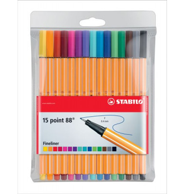 Fineliner-Set point 88, 8815, orange, wei&szlig;e Streifen (Schreibfarbe: 15-farbig sortiert), 0,4mm