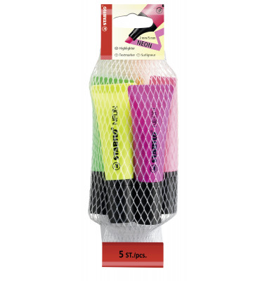 Textmarker STABILO Neon, 72/5-2, Etui (Netz mit 4 Stiften), farbig sortiert (gelb/gr&uuml;n/orange/pink/magenta), 2-5mm Keilspitze