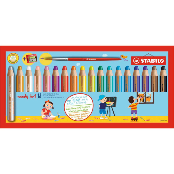Stabilo Buntstifte-Set STABILO woody 3 in 1, 880/18-3, 18-farbig sortiert, rund, jumbo, Etui 4006381484107 Stabilo 18 Stück
