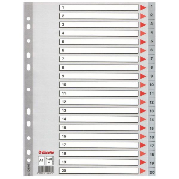 10 Stück Esselte Kunststoffregister 100107, 1 bis 20, A4, 120µm, graue Taben, 20-teilig 5902812001075 Esselte