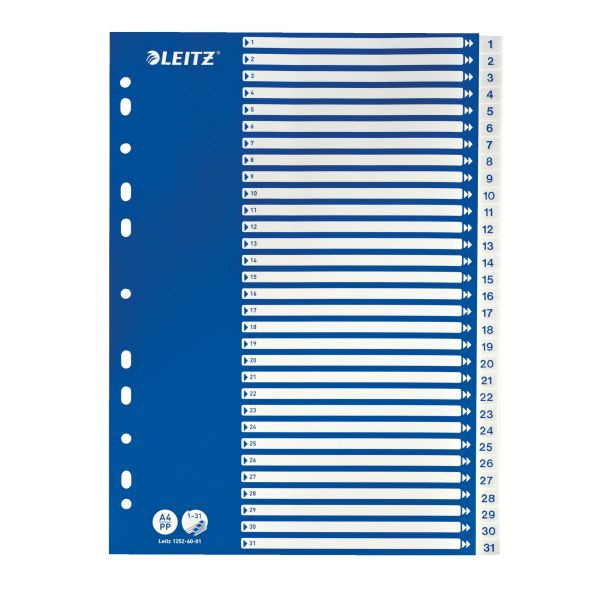 10 Stück Leitz Kunststoffregister 1252-60-01, 1 bis 31, A4, 120µm, weiße Taben, 31-teilig 4002432367825 Leitz