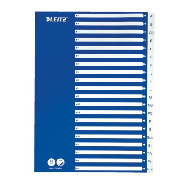 10 Stück Leitz Kunststoffregister 1253-60-01, A bis Z, A4, 120µm, weiße Taben, 24-teilig 4002432367832 Leitz