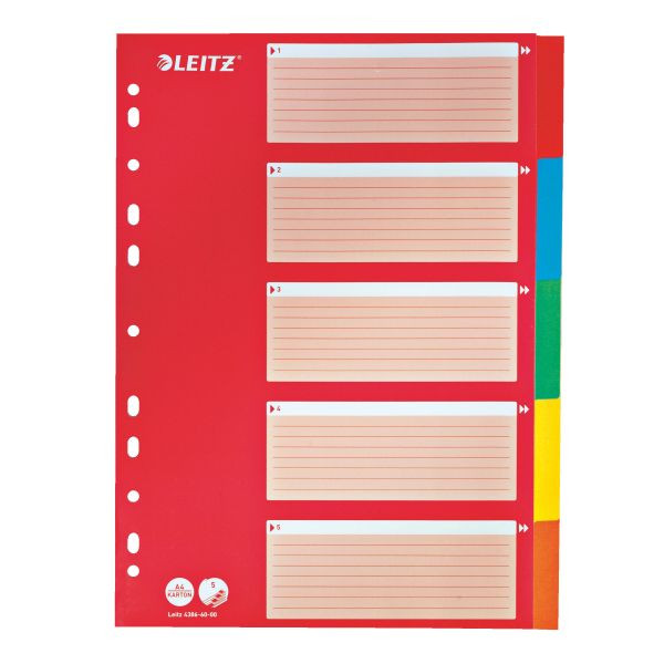 25 Stück Leitz Kartonregister 4386-60-00, 5-teilig blanko, A4, 160 g/m², farbige Taben, 5-teilig 4002432367870 Leitz