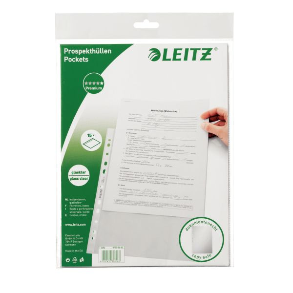 10 Stück Leitz Prospekthüllen 4770-60-02, A4 glasklar glatt, oben offen, 0,075mm 4002432368068 Leitz 15 Stück