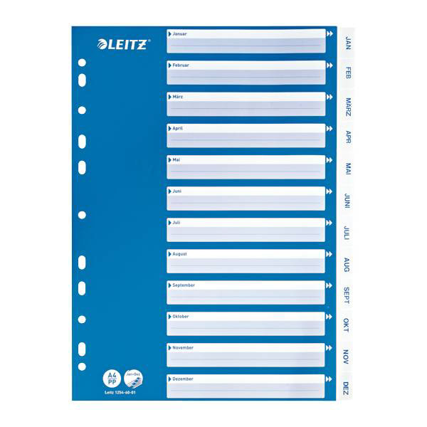 15 Stück Leitz Kunststoffregister 1254-60-01, Jan bis Dez, A4, 120µm, weiße Taben, 12-teilig 4002432367849 Leitz