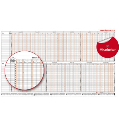 Urlaubsplaner 1240, 12 Monate / 1 Seite, 985x600mm (HxB) (98,5x60cm), f&uuml;r 30 Mitarbeiter, 2026