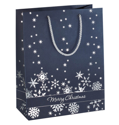 Geschenktasche GT111 Premium Silver Snowflakes, Weihnachten, farblich abgestimmte Tragekordel, Silberprägung, Silberne Schneeflo