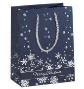 Geschenktasche GT110 Silver Snowflakes, Weihnachten, mit Tragekordel, &bdquo;Merry Christmas&ldquo; / Flocken, 26cm x 33cm