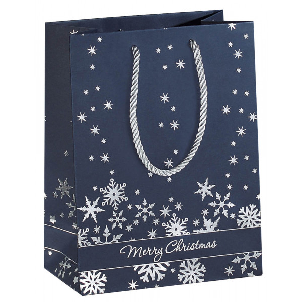 Sigel Geschenktasche GT110 Premium Silver Snowflakes, Weihnachten, farblich abgestimmte Tragekordel, Silberprägung, Silberne Schneeflo 3 Stück