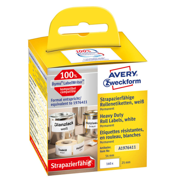 4004182617281 - AVERY Zweckform A1976411 Etiketten (wasserfest strapazierfähig 25 x 54 mm Dymo kompatibel 1976411 160 Aufkleber) 1 Rolle weiß