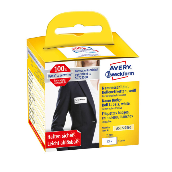 4004182617199 - AVERY Zweckform Namenschilder AS0722560 Selbsthaftend 41 x 89 mm Thermal 1 Rolle à 200 Etiketten