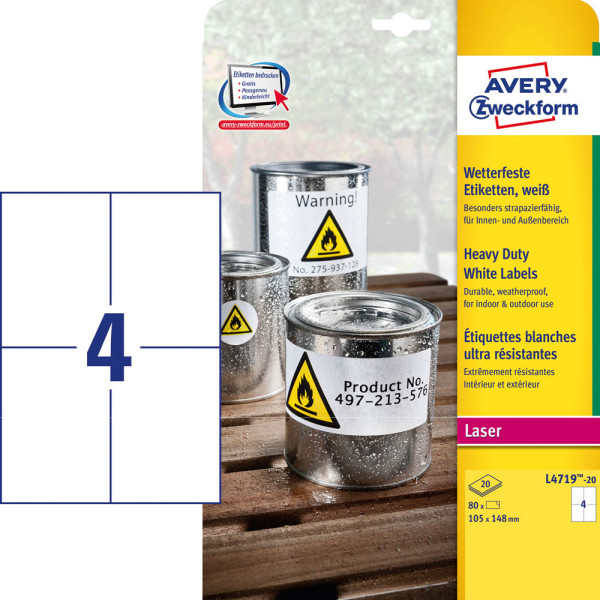 4004182049785 - L4719-20 Folien-Etiketten 105 x 148 mm Polyester-Folie Weiß 80 St Permanent haftend Farblaserdrucker Laserdrucker Farbkopierer Kopierer