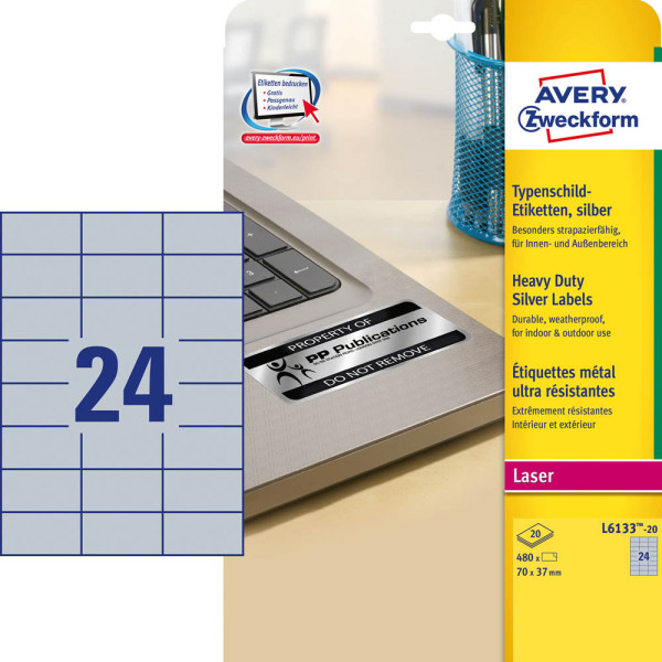 4004182049839 - Typenschildetiketten L6133-20 extrem robust geeignet für SW-Laserdrucker 70 x 37 mm 480 Stück 20 A4-Bogen Polyesterfolie silber