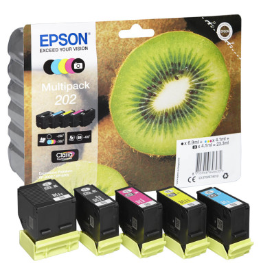 Druckerpatrone 202/T02E74 C13T02E74010 (kompatibel zu Epson 202), schwarz/fotoschwarz/cyan/magenta/gelb, ca. 1x 250 (schwarz), 1