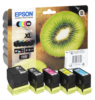 Druckerpatrone 202XL/T02G74 C13T02G74010 (kompatibel zu Epson 202XL), schwarz/fotoschwarz/cyan/magenta/gelb, ca. 1x 550, 1x 800,