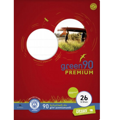 Schulheft 040784026 PREMIO Green, Lineatur 26 / kariert mit wei&szlig;em Rand / keine, A4, 90g, gr&uuml;n, 32 Blatt / 64 Seiten