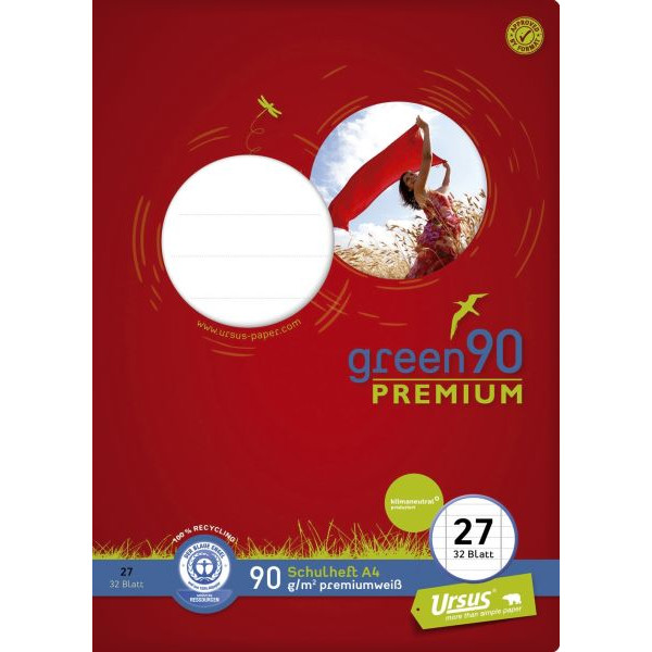 9001939834804 - Schulheft 040784027 PREMIO Green Lineatur 27   liniert mit Rand innen außen   keine A4 90g grün 32 Blatt   64 Seiten 900193