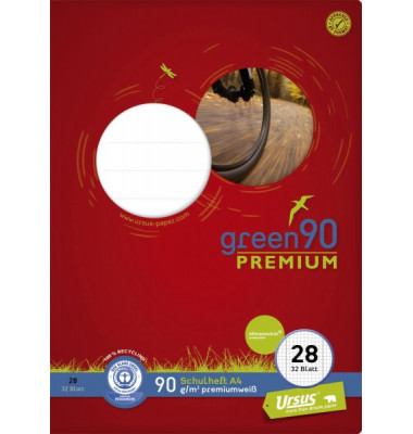 Schulheft 040784028 PREMIO Green, Lineatur 28 / kariert mit Rand innen/au&szlig;en / keine, A4, 90g, gr&uuml;n, 32 Blatt / 64 Seiten