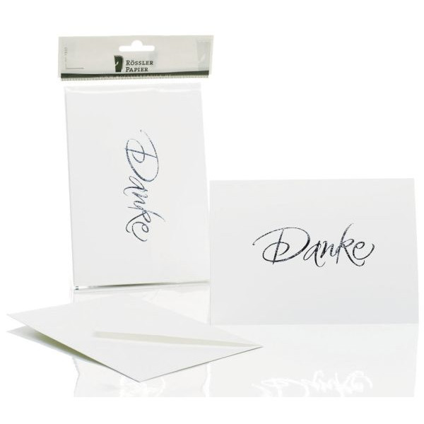 6 Stück Rössler Dankeskarten Danksagungskarte 1181956009 DIN B6  Hoch doppelt 220g Heißfolienprägung silber silberne Schrift weiß 4014969556436  5 Satz