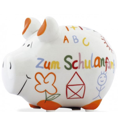 Spardose Schwein "Zum Schulanfang" weiß klein