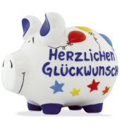 Spardose Schwein (mittel) 101578 , "Serne/Lufballons/Schriftzug"