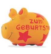 Spardose Schwein (klein) 100845 , "Sterne/Schriftzug zum Geburtstag"