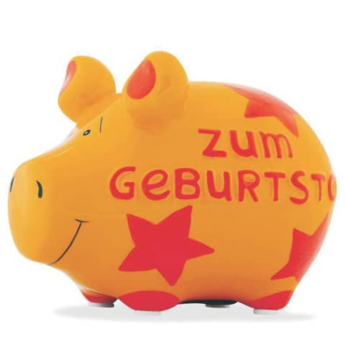 Spardose Schwein (klein) 100845 , "Sterne/Schriftzug zum Geburtstag"