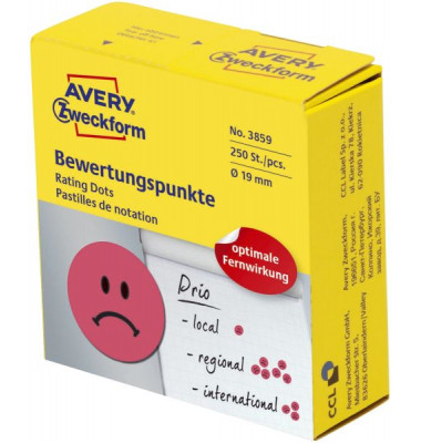 3858 Bewertungspunkt "trauriger Smiley" - Ø 19 mm, Spender mit 250 Etiketten, rot
