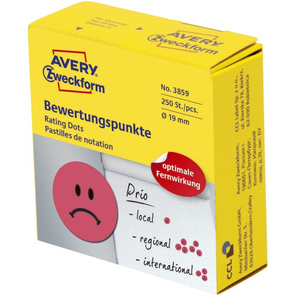4004182038598 - 3858 Bewertungspunkt trauriger Smiley - Ø 19 mm Spender mit 250 Etiketten rot 4004182038598 250 Stück