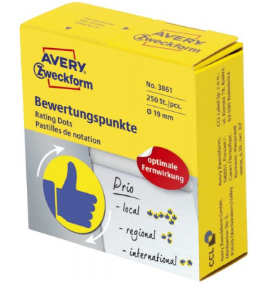 3861 Bewertungspunkt "Daumen" - Ø 19 mm, Spender mit 250 Etiketten, blau / gelb 3861 Bewertungspunkt "Daumen" - Ø 19 mm, Spender mit 250 Etiketten, blau / gelb