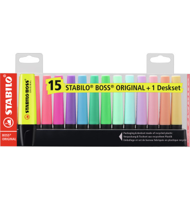 Textmarker BOSS ORIGINAL, 7015-01, Set (Tischset), farbig sortiert (9 Leuchtfarben/6 Pastellfarben), 2-5mm Keilspitze