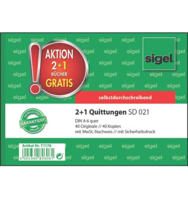 2+1 Aktion Quittungen mit Sicherheitsdruck - A6 quer, 1. und 2. Blatt bedruckt, SD, MP,