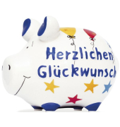 Spardose Schwein (klein) 101635 , "Serne/Lufballons/Schriftzug Herzlichen Gl&uuml;ckwunsch"